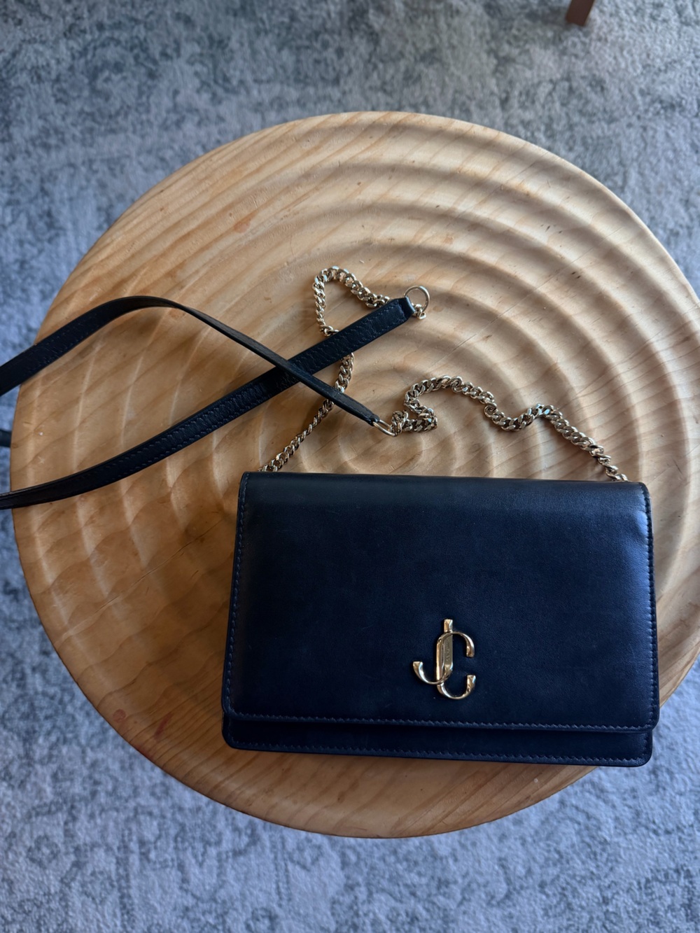 Jimmy Choo Black Leather Crossbody with Gold JC Monogram